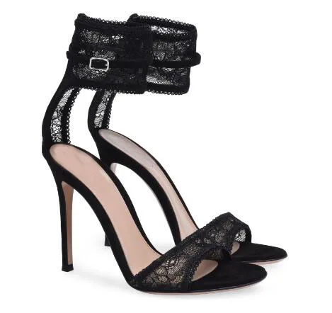 

Sexy black/gold net lace high heel open toe sandals for woman Ladies super high thin heel ankle strap shoes Woman high heels