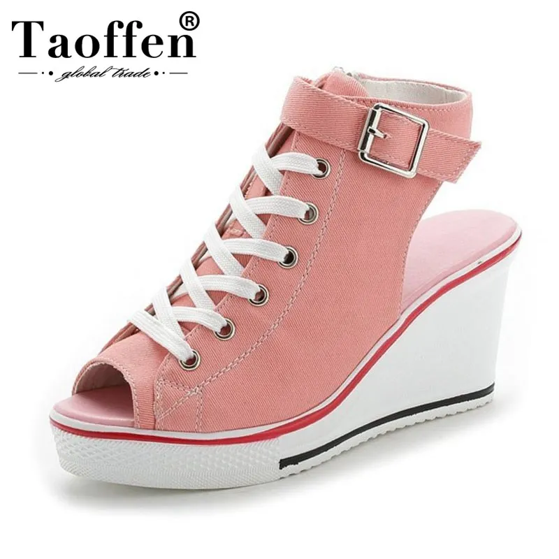

Taoffen Spring Summer Women New High Top Canvas Female Peep Toe Sneaker Wedges Open Toe Hollow Vulcanized Shoes Women Size 35-43