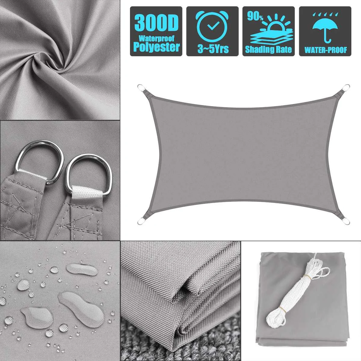 

Grey 3x4 3x5 3x6 Grey 300D 160GSM Waterproof Polyester Oxford Fabric Shade Sail Rectangle