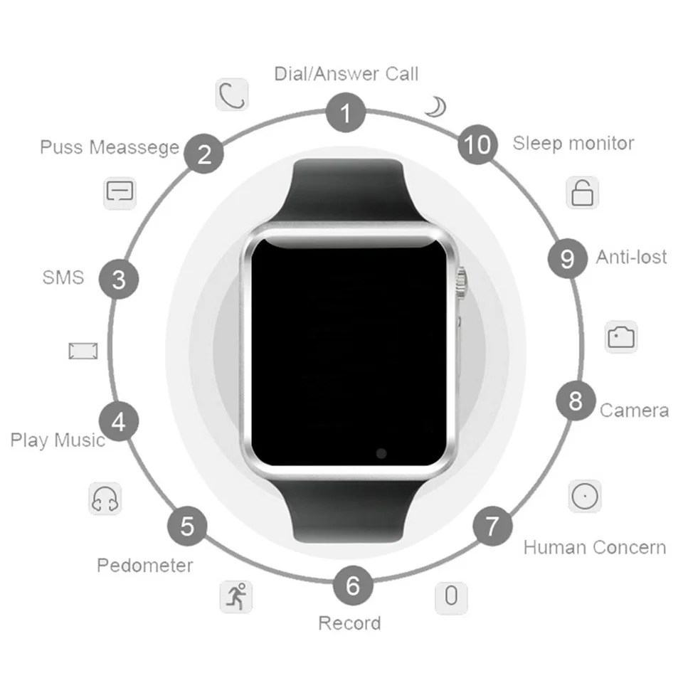 A1 наручные часы Bluetooth Смарт часы Спорт Шагомер SIM Камера Smartwatch фитнес трекер водонепроницаемые наручные часы