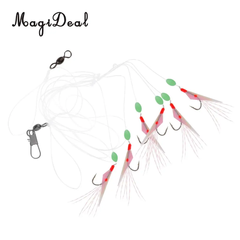 Saltwater Sea Fishing Rig Lures Fish Skin Flasher Sabiki Rig Crankbait with Luminous Bead and Hook 6#