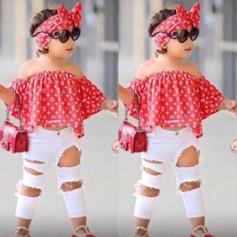 3PCS Summer Toddler Kids Baby Girl Off Shoulder Floral Tops+Short Pants+Headband