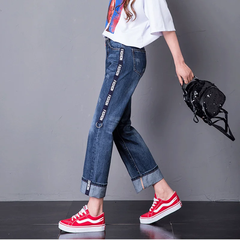 Mom Jeans with stripe summer 2018 women jeans with side pockets Wide Leg Pants mid rise new arrival denim trousers AA3503 a