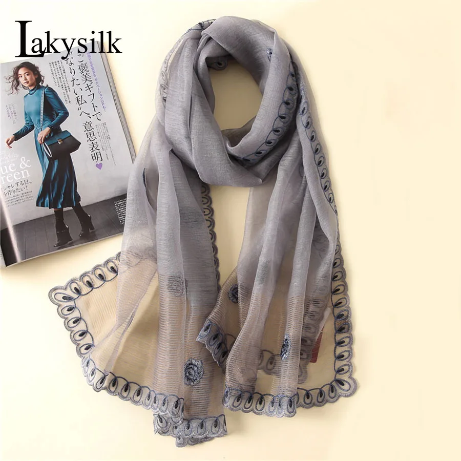 

[Lakysilk]Designer Silk Scarf Women Floral Embroidery Foulard Smooth Brand Scarves Ladies Wool Neck Long Scarf Wraps For Spring