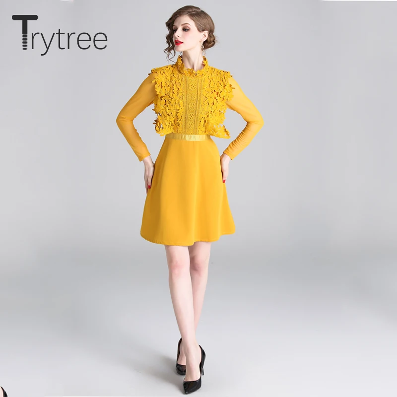 Женское Повседневное платье Trytree однотонное желтое трапеция выше колена из