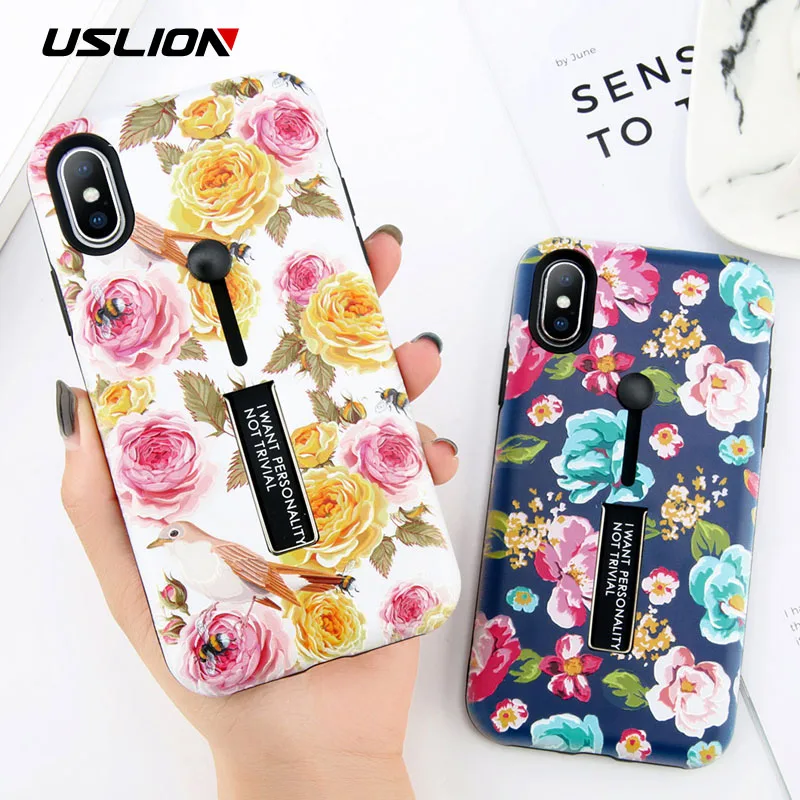 

USLION For iPhone X Flower Phone Case For iPhone 7 8 6 6s Plus Rose Floral Marble Image Back Cover Hide Ring Stand Holder Cases