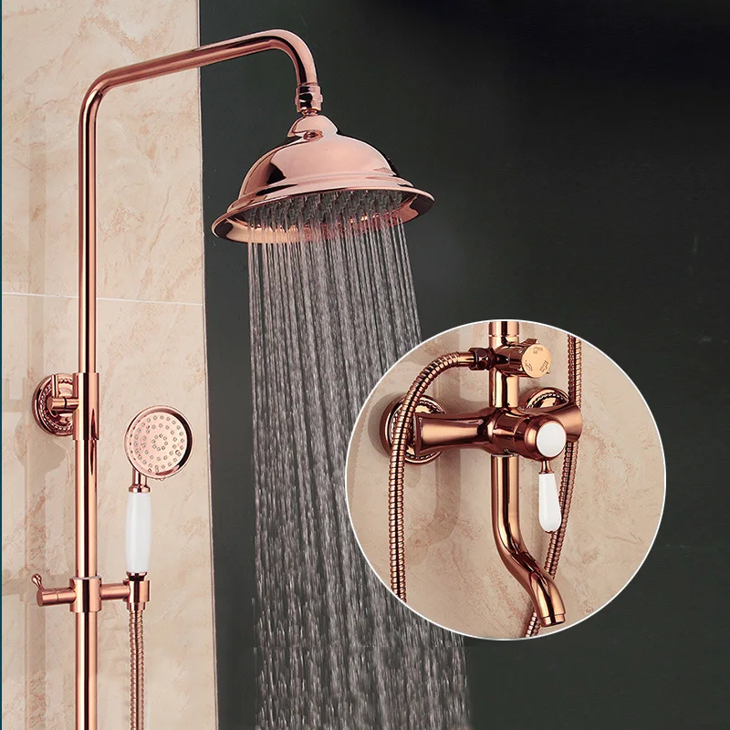 

High-end Bathroom Shower Mixer Faucet Rose Gold with 8" Brass Shower Head & Ceramic Hand Shower