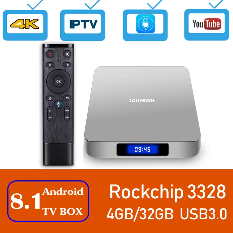 

SCISHION AI ONE Smart TV Android TV Box android 8.1 RK3328 Quad Core 4GB/32GB 2.4G WiFi BT4.0 With 2.4G Voice Remote Control