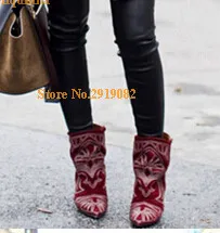 2017 Top Quality Fashion Hot Patchwork Leather/Suede Embroider Spike Heels High Heel Women Boots Ankle Botas Slip On Shoes Woman