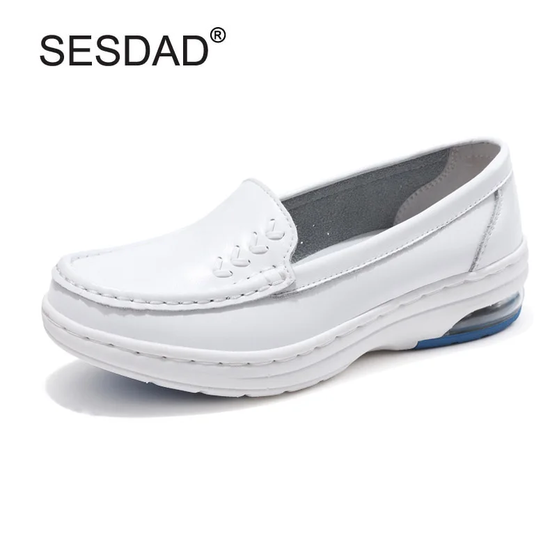 

New Genuine Leather Soft Cushion Loafers Fashion Shallow Mouth Slip-on Ladies Nurse Shoes Women's Hospital White Work Shoes