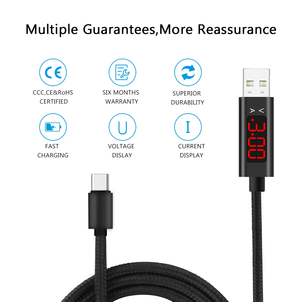 1 м Micro usb type C тестер напряжения тока метр дисплей нейлоновый плетеный кабель