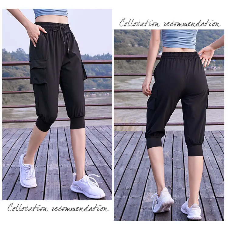 Loose large pocket yoga running fitness casual sports pants women's cropped trousers quick-drying