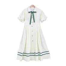 Возможно, платье с пышными рукавами и бантом средней длины на пуговицах, бежевого и зеленого цвета, милое летнее платье с воротником «Питер Пэн», D1110