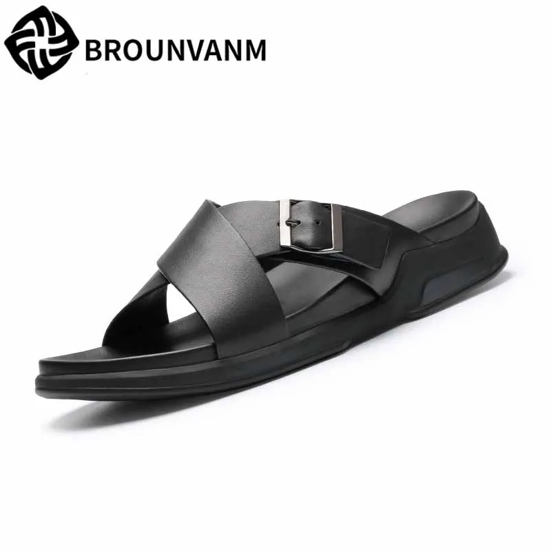 

Men's cool slippers summer Genuine leather all-match cowhide sandals Sneakers Men Slippers Flip Flops casual Shoes beach outdoor