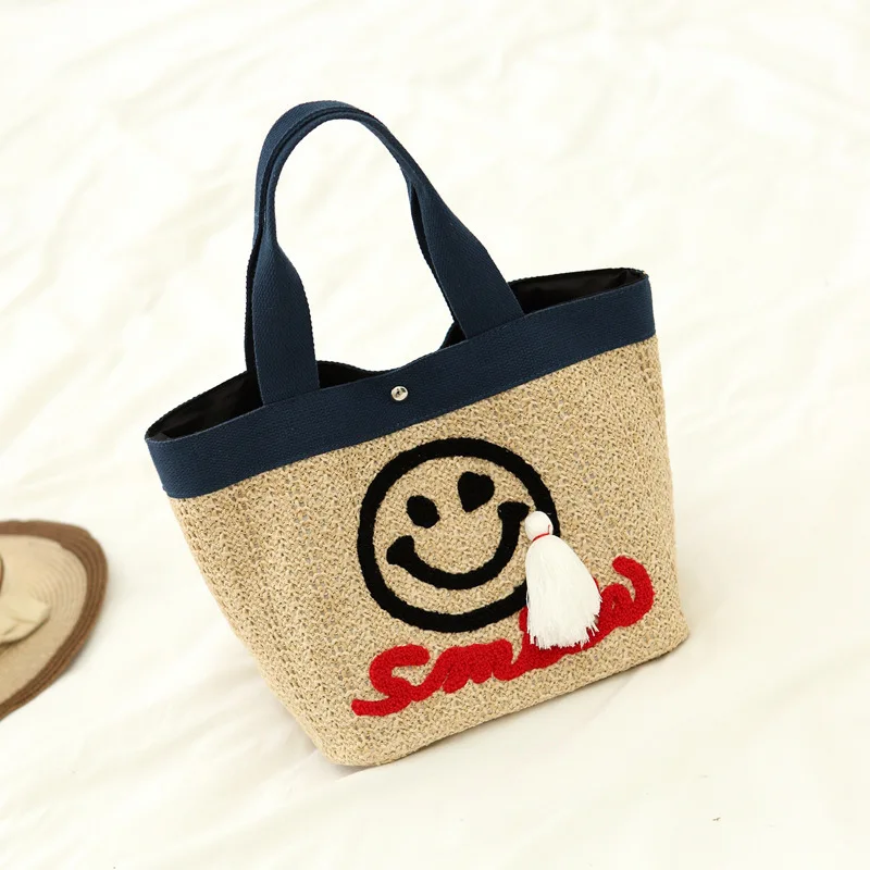 

New Straw Handbags Women Shopping bags Ladies Totes smile embroidery tote Woven Summer Beach Holiday Bags Top Handle sac a main