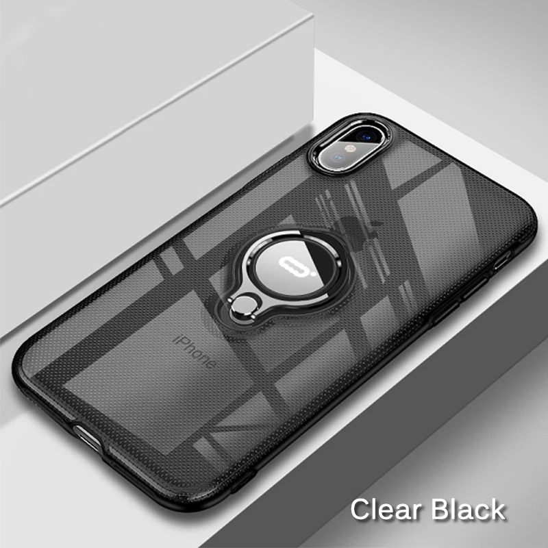 Чехол с магнитным кольцом для iPhone 7, 8, 6, 6s Plus, чехол s, металлическое вращающееся кольцо на палец, мягкий прозрачный чехол из ТПУ для iPhone X, XR, XS, MAX - Цвет: Clear Black