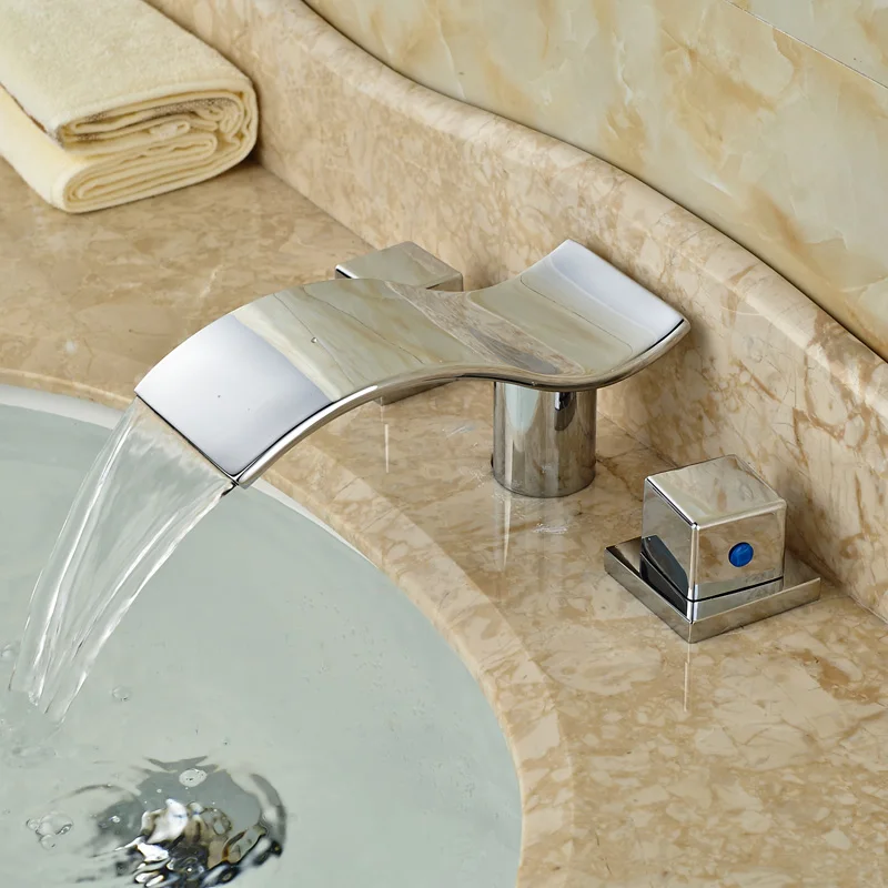 

Bathroom Dual Handles 3 Holes Deck Mounted Basin Faucet Washbasin Mixer Taps Chrome Finish