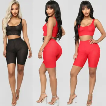 

Women Sexy Solid Set Sleeveless Vest Top Hih Waist Shorts Suits Mesh See Through Sport Running Beach Clothes Suits