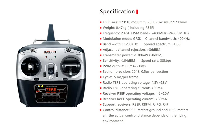 Radiolink T8FB 2.4G 8 Channel RC Transmitter with R8EF or R8FM Receiver GFSK Modulation Mode Remote Controller RC Distance 1000m7 (13)