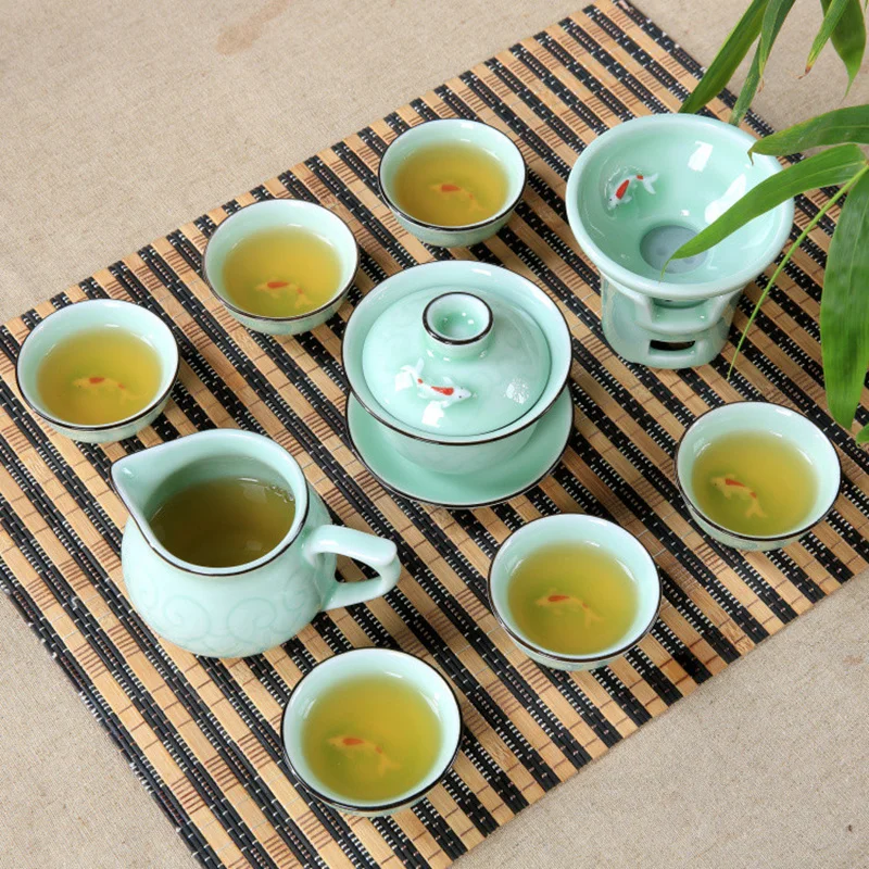 Чайный горшок 9 шт. чайный набор кунг-фу керамический чай карп шаблон чашка, чайник, костяного фарфора GaiWan, чайное море, фарфор фильтр, чайное обслуживание
