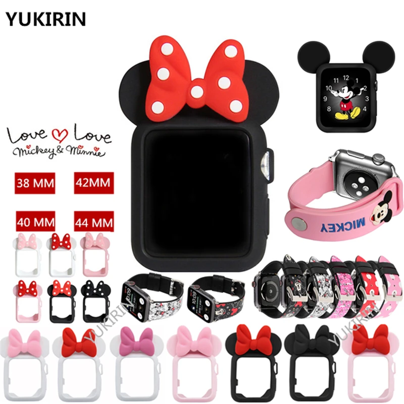 

YUKIRIN Cute Minnie Mickey Stitch Silicone Case for Apple Watch Series 4 3 2 1 Leather Band for iWatch 38 42 40 44mm Kid Girl