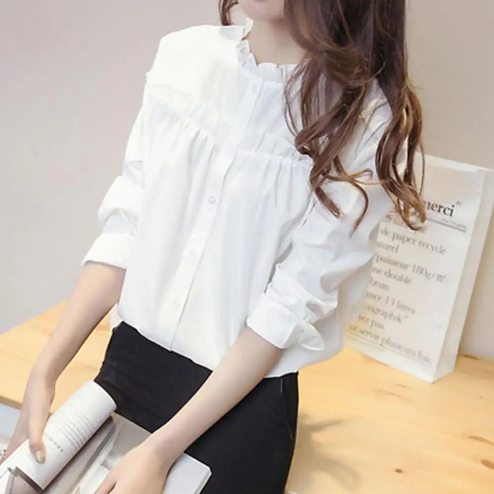 

Yfashion Solid White Shirt Blouse Women Cotton New Fashion Lady Stylish Stand Collar Long Sleeve Shirts Blouses for Women Female