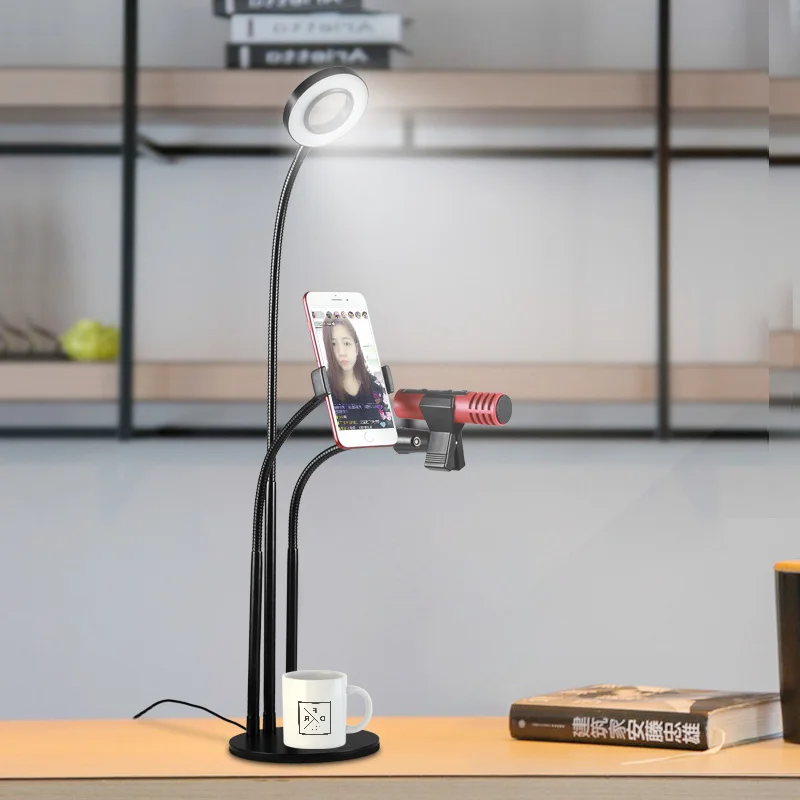 

New Flexible phone Tablet PC holder webcast stand with microphone clip and LED light free shipping