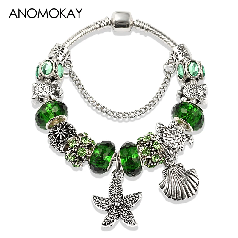

2019 New Design Green Glass Pan Charm Bracelet Antique Silver Ocean Animal Diy Bead Bracelet Starfish Turtle Sporty Jewelry