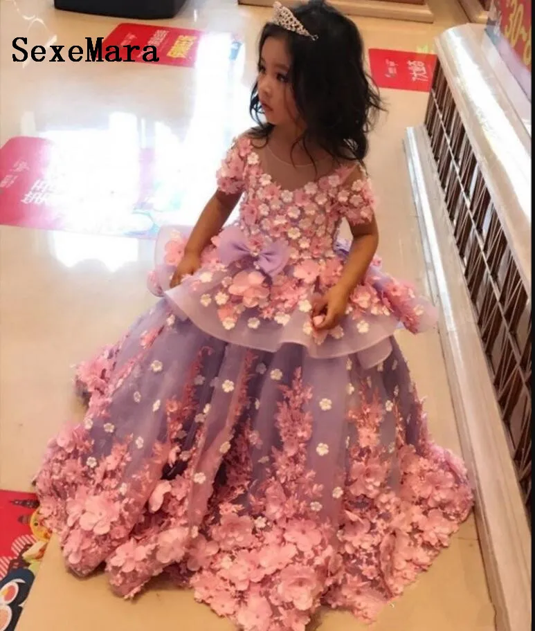 Реальное изображение Роскошные Платье для девочек с цветочным узором принцесса кружева 3D Цветы бальное платье для шоу для дня рождения платье Pageant Вечерние Платье