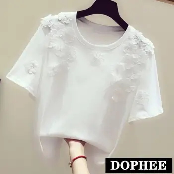 

2019 Summer New Fashion Three-dimensional Small Flower T-short Women White O-neck Short-sleeved Top Tees Girls Students