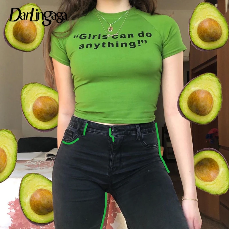 

Darlingaga Cotton Harajuku Avocado Green Summer Tshirt Bodycon Cropped Tops Letter Print Casual T-shirts for Women Clothes 2019