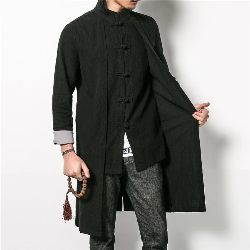 

5XL Large Size Mens Pure Color Single-breasted Long-sleeved Trench Chinese Retro Style Loose Long Jacket Cotton and Linen Fabric