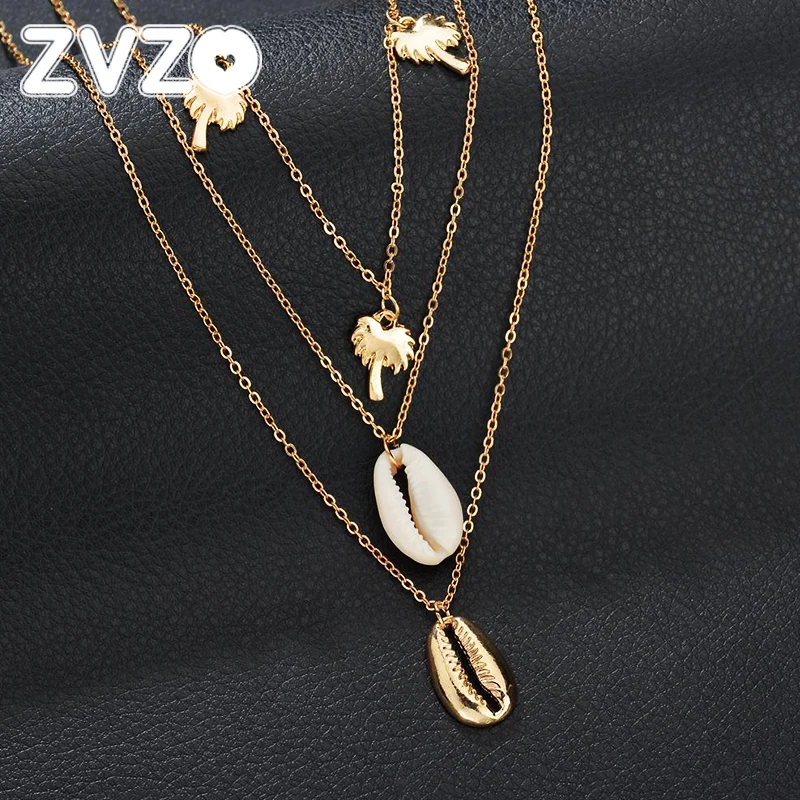 

ZVZO Bohemia Multilayer Coconut Tree Shell Choker Necklace Statement Alloy Shell Natural Seashell Pendant Necklace for Women