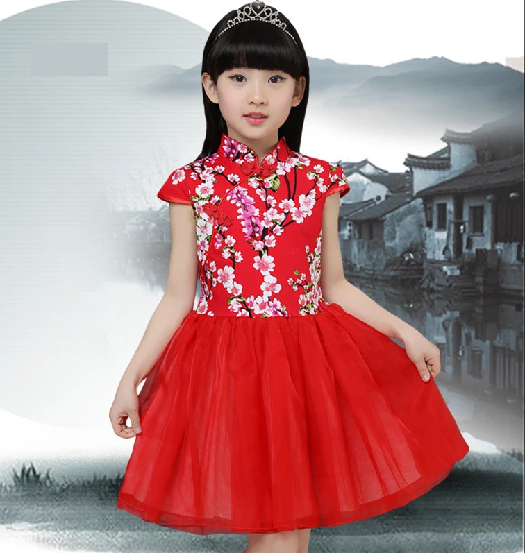 Baby Chinese Qipao Ball Gown Dress Girls Floral Cheongsam Multi-Colors Kids Short sleeve dresses New Year gift Children's Party Performance clothes (1)