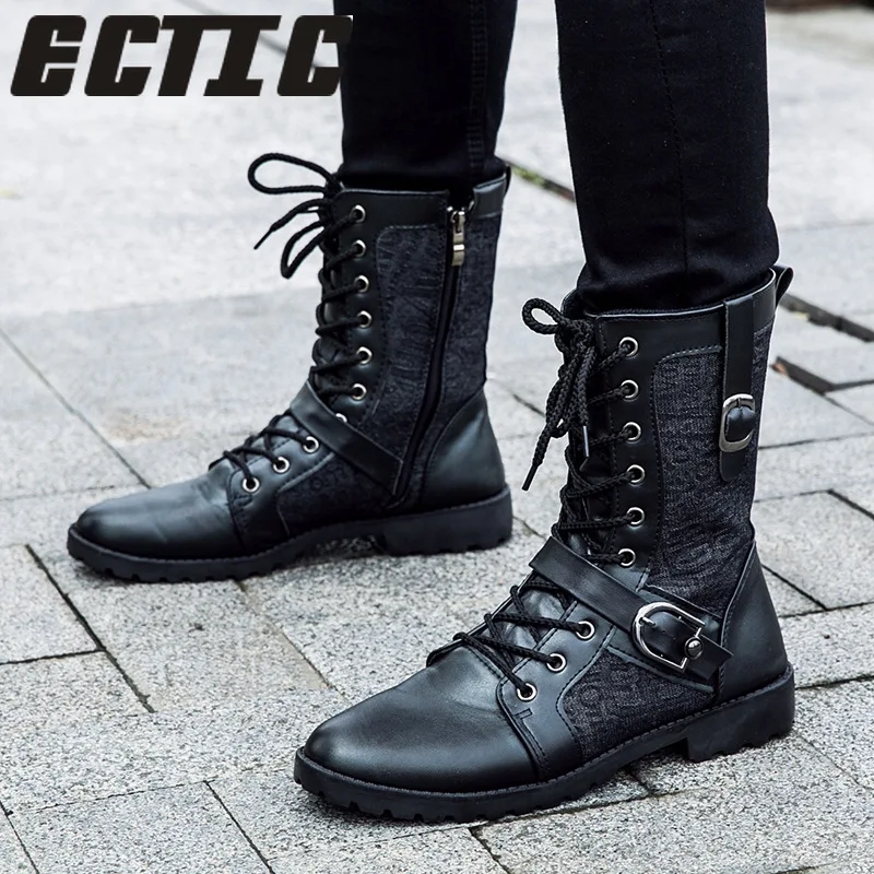 

ECTIC 2018 Winter Punk Martin Boots Men Fashion PU Leather Motorcycle Boots Black Vintage High Top Buckle Boots Men Shoes MC-47
