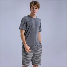Летние мужские повседневные полосатые пижамные комплекты, мужские футболки с коротким рукавом и круглым вырезом и шорты, мужские Модальные пижамы, костюм XXXL
