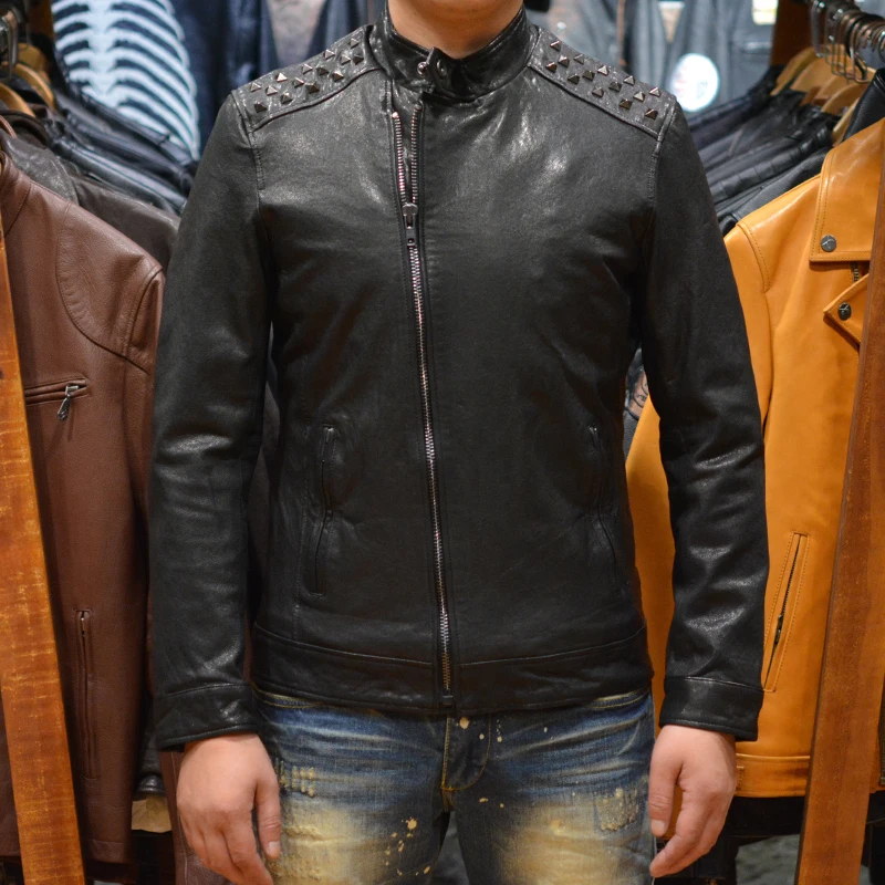 

Fashional Men's slim fit genuine leather jacket with rivets natural sheepskin biker jacket men red motorcycle jacket for male