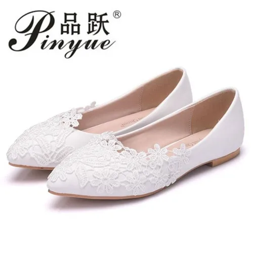 

Ballet Flats White Lace Wedding Shoes Flat Heel Casual Shoes Pointed Toe Women Wedding Princess Flats Plus Size 42