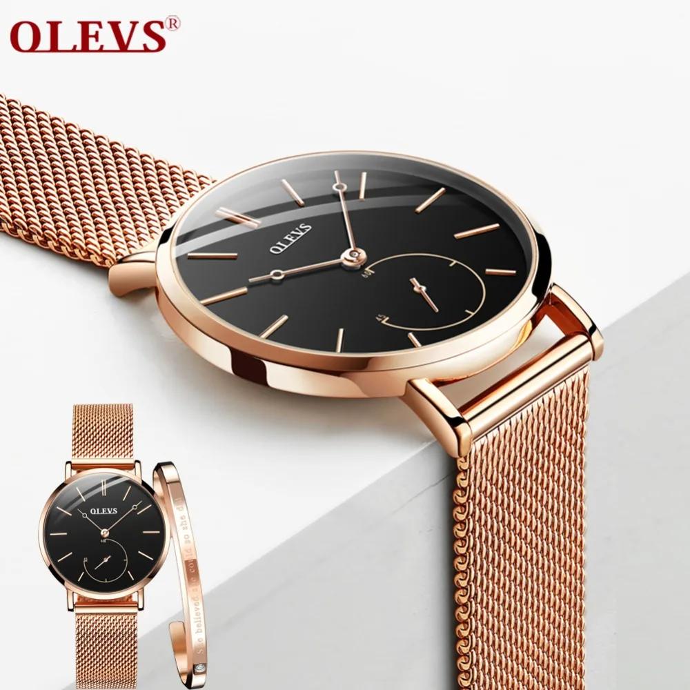 OLEVS модные Rosefieldd женские часы с черным циферблатом кварцевые наручные Montre Femme 2018