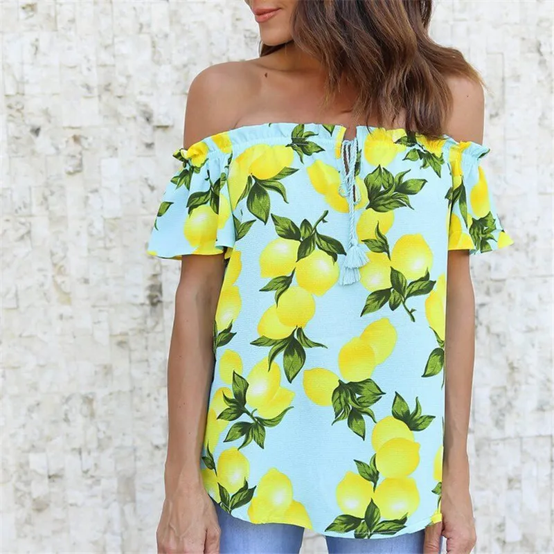 

2017 Fashion Women Ladies Summer lemon sunny printed Off Shoulder chiffon shirt Loose Casual Blouse Tops blouses