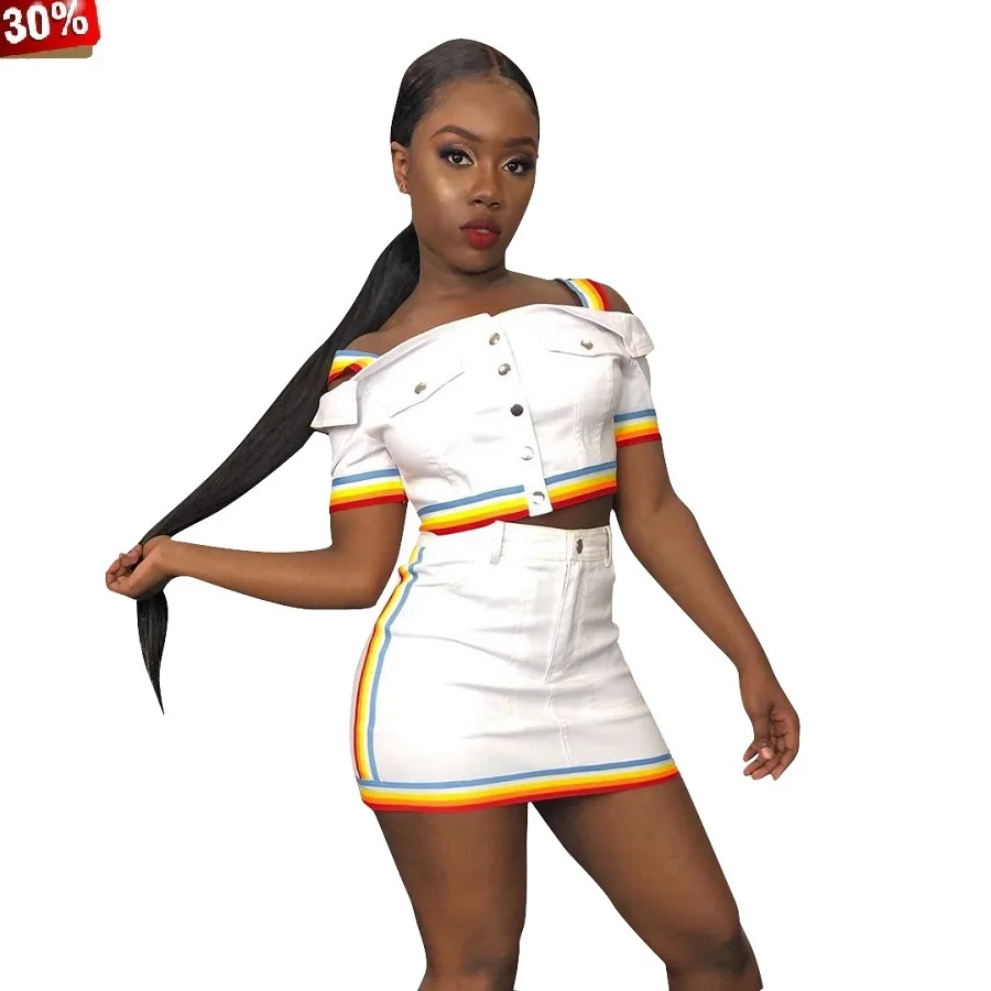 

Rainbow Skirt Set High Quality Striped Jeans Two Piece Set Women Crop Top Mini Skirts Sets Jeans TrackSuit Denim Outfits Suits