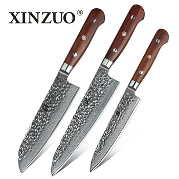 

XINZUO 3 PCS Pro Kitchen Knives Sets Japanese Damascus Kitchen Knives Stainless Steel Chef Santoku Cleaver Knife Rosewood Handle