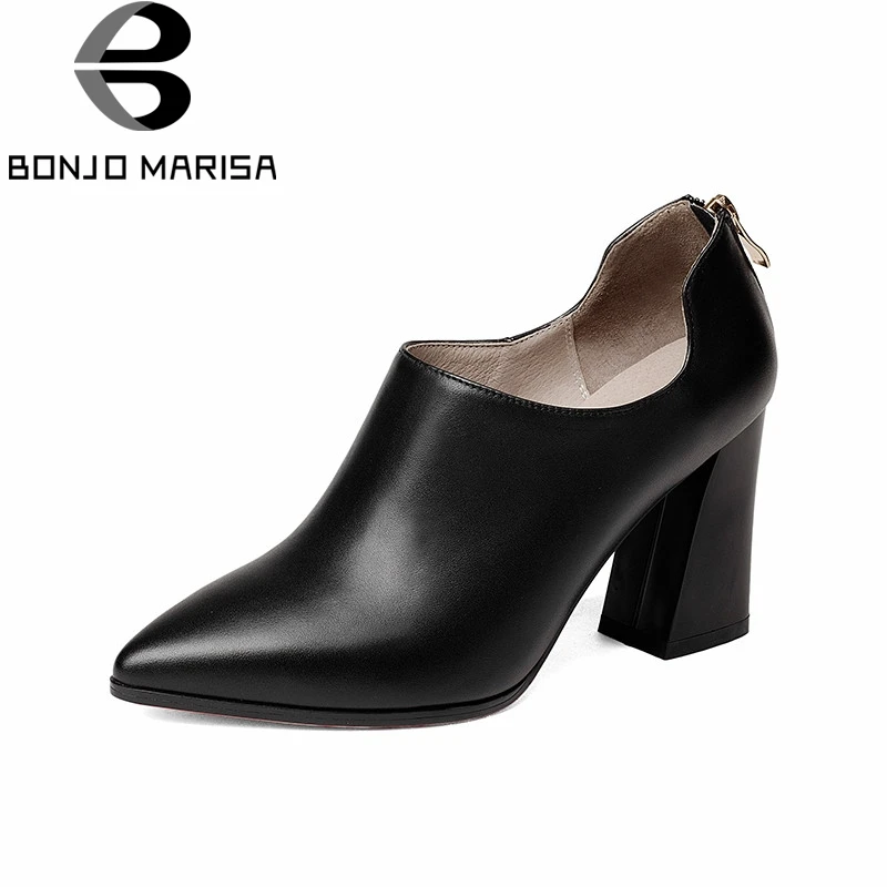 

BONJOMARISA 2018 Spring Autumn Fashion Elegant Cow Leather Women Deep Pumps Zip High Hoof Heels Ol Shoes Woman Black Lady Work
