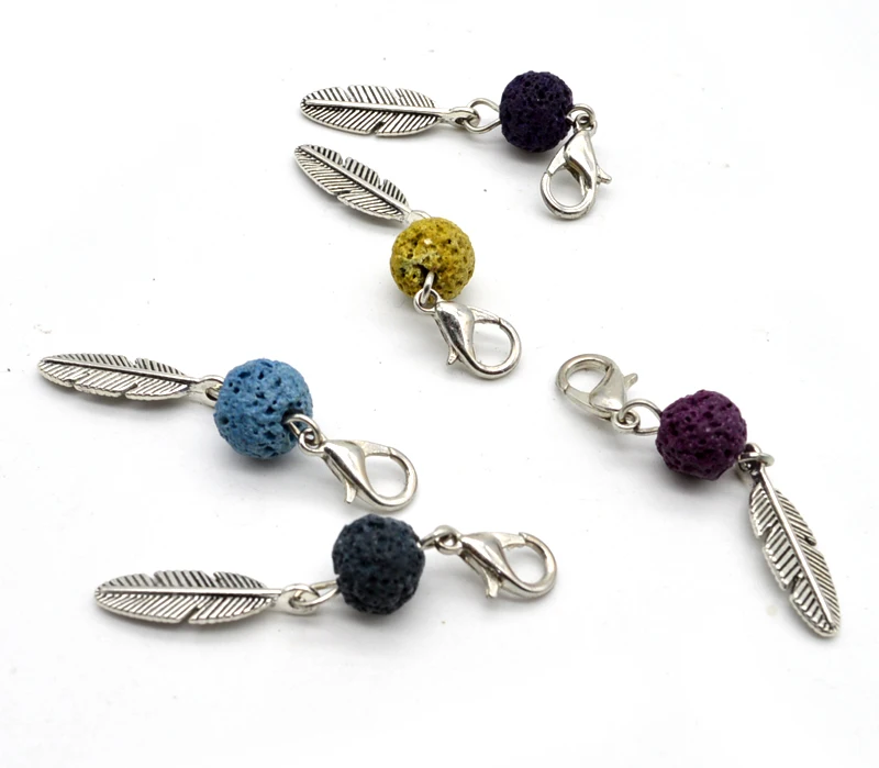 

Feather Charms with Random Color Lava Stone Beads with Lobster Essential Oils Diffusing Charms