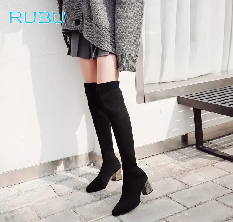 

2018 Womens Winter Over The Knee Tight High Stretch Boots Female Chunky High Heel Stocking Ridding Boots Shoes