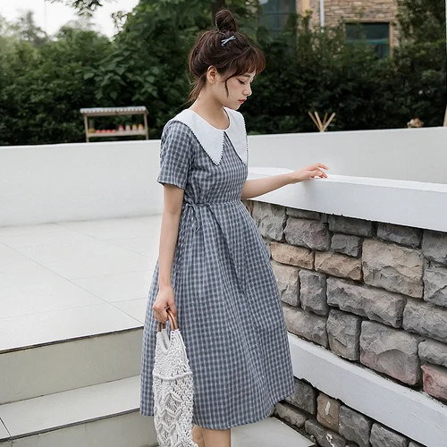 

Summer 2019 Plaid Patchwork Dress For Summer Loose High Waist Fashion Summer Dress Casual Peter Pan Collar Vestidos De Fiesta
