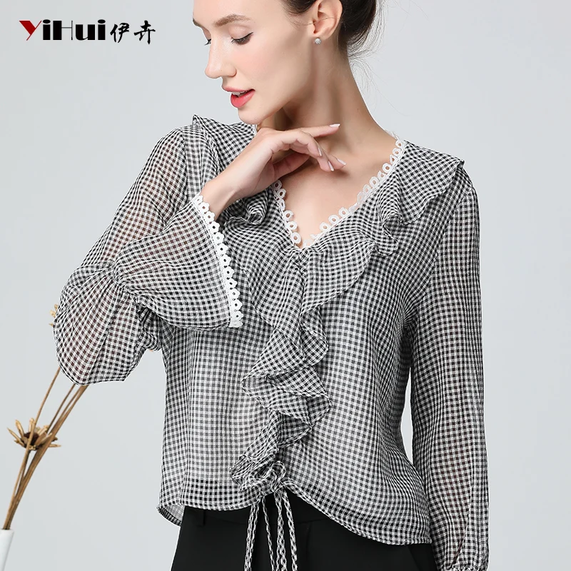 

Causal Plaid Women' Shirt Chiffon Blouse Ruffles Ladies' Tops V-Neck Long Flared Sleeve Loose-Fitting Plus Size 4XL Woman Tops