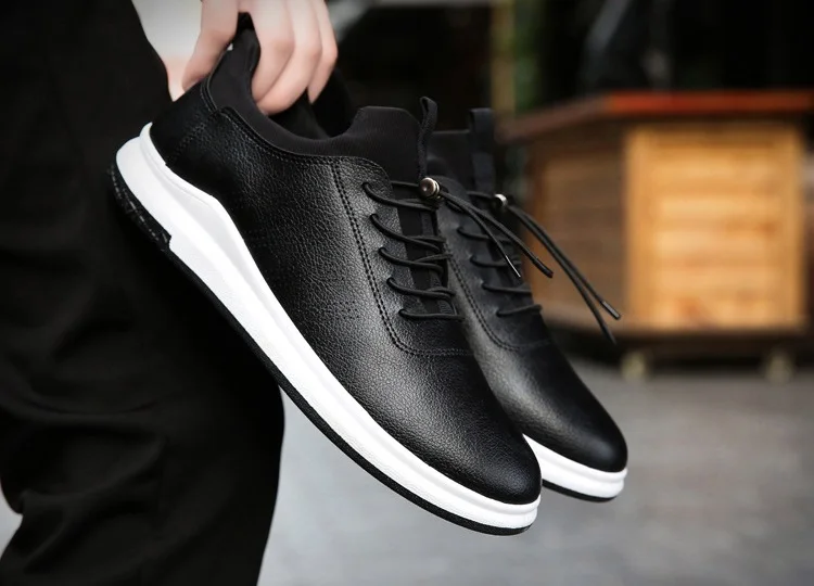 Spring Autumn Man Walking Shoes Sneakers Leather Breathable Korean Sport Shoes Wear-resistant Elastic-band Flat Shoes for Male (10)