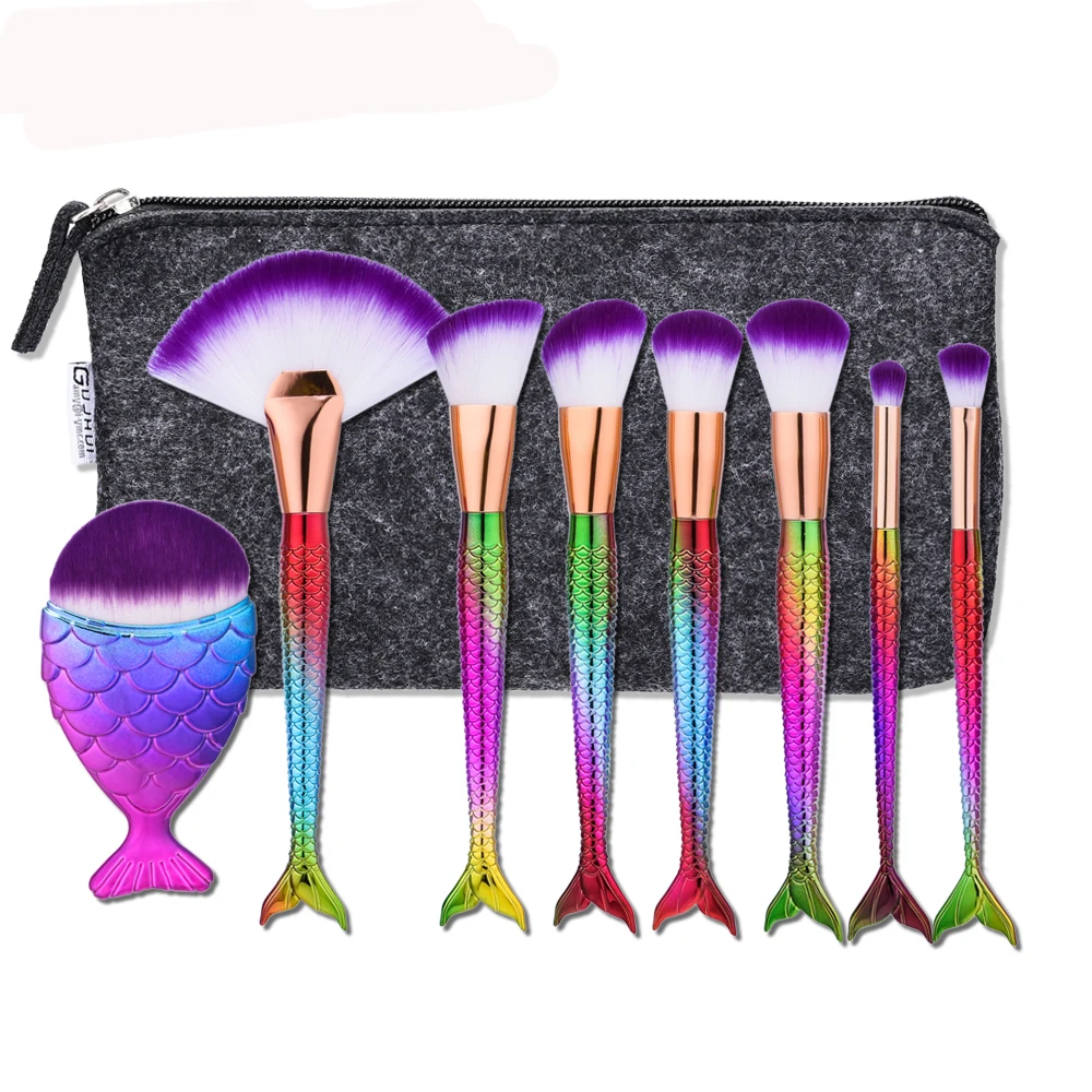 

8Pcs Mermaid Shaped Makeup Brush Set Big Fish Tail Foundation Powder Eyeshadow Make-up Brushes Contour Blending Brushs Bag