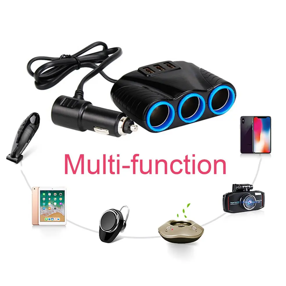 

Portable 3 USB Ports 3 Way Auto Sockets Car Cigarette Lighter Splitter Power Adapter Charger DC12V-24V Input
